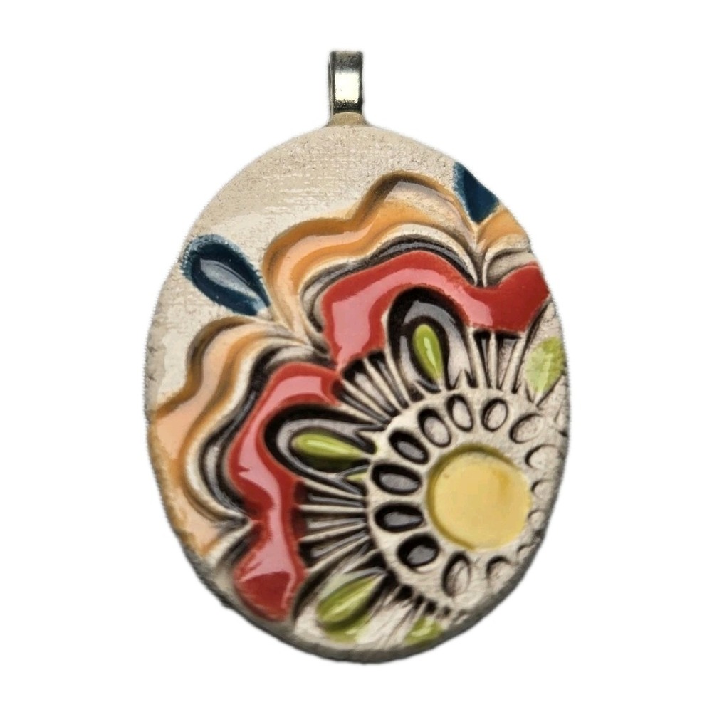 Cheryl Stevens Studios Ceramic Floral Mandala Pendant Necklace Boho Artisan